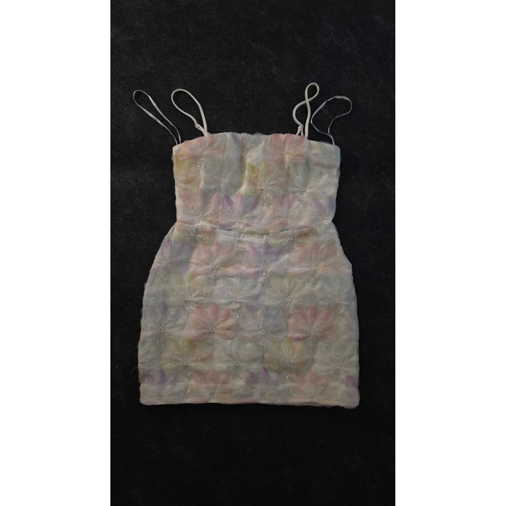 Pastel Floral 3D Applique Beaded Mini Dress Spaghetti Strap Cocktail Party
